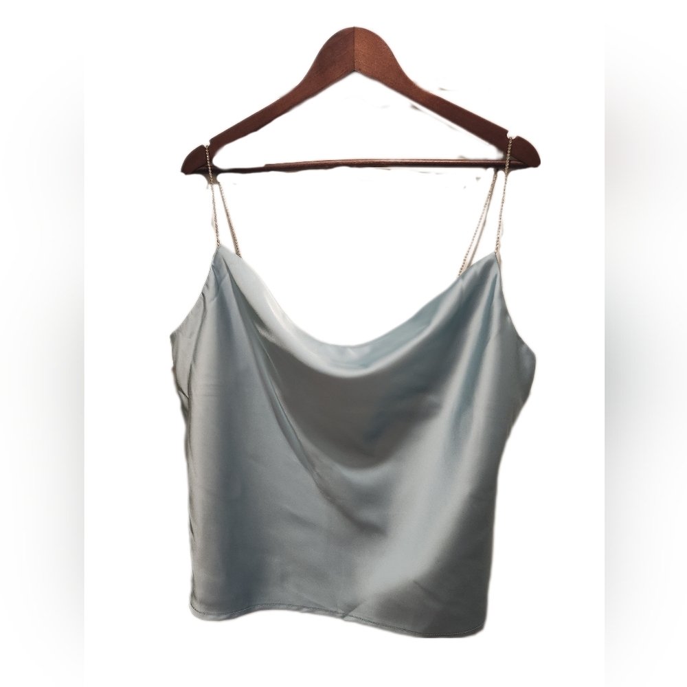 Satin Cowl Neck Rhinestone Strap Light Blue Top Size L